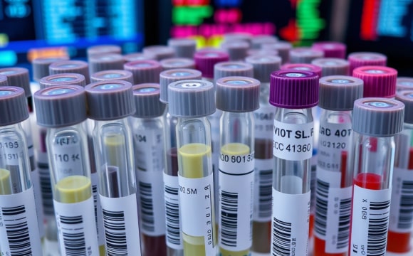 A tray of test tubes with labels