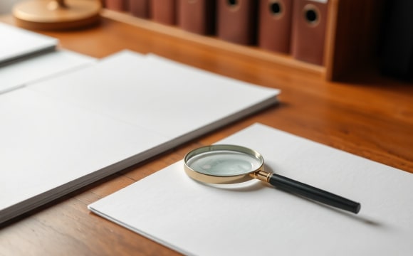 A desk with a paper and magnifying glass on it