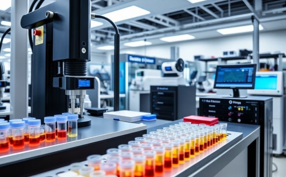 Lab table covered by a tray of labeled test tubes